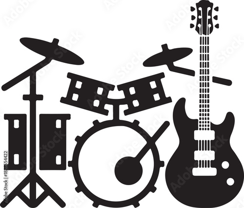 Musical instruments vector silhouette featuring a drum kit and an electric guitar for band music themes