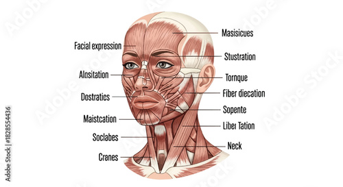 Educational flat 2D illustration showing detailed female facial and neck muscles in a scientific half-skin, half-muscle view with clearly visible anatomical names on a clean white background.