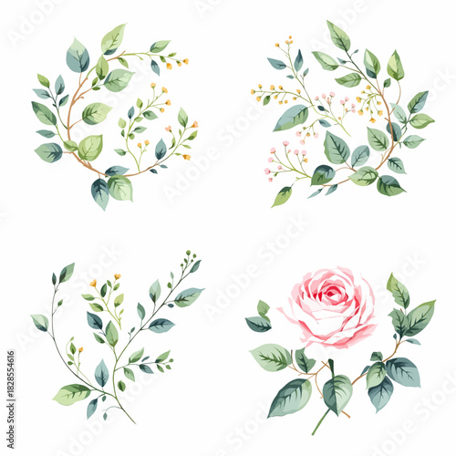 Wild flowers set, watercolor digital illustration.	