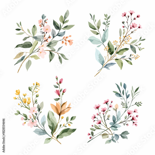 Set Floral elements set of flower vector design patterns with leaves and butterfly 