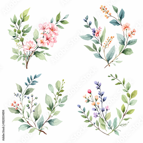 Set flowers and butterflies watercolor