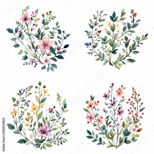 Set flowers and butterflies watercolor