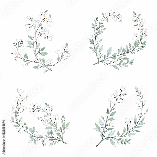Vintage vector floral design elements featuring leaves, branches, and flower illustrations for a decorative spring border pattern