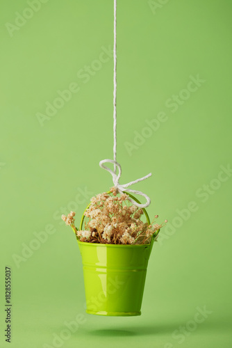 Small green metal bucket filled with dried flowers, hanging on a rope against a green background as rustic home decor