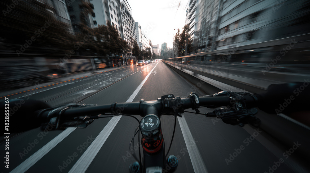 Fototapeta premium Riding a bicycle down a city street with motion blur, the road ahead stretches out with tall buildings on either side, creating a sense of speed and adventure.