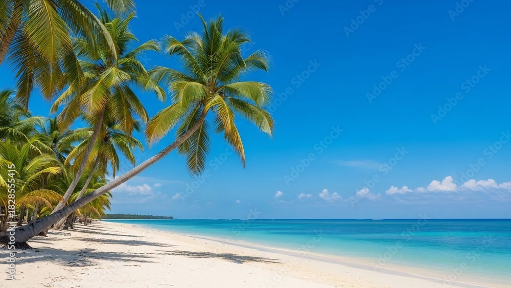 Obraz premium Idyllic Tropical Beach Paradise with Palm Trees and Turquoise Ocean