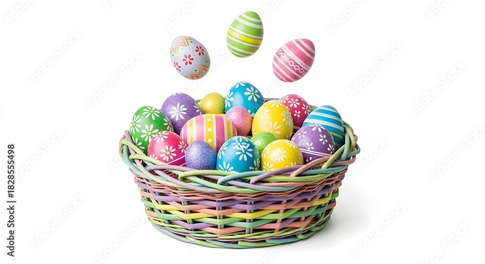 Fototapeta premium Easter Eggs in Colorful Woven Basket with Decorative Designs