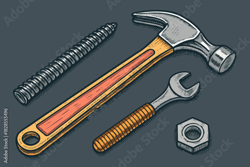 Depicting Industrial Tools Hammer Wrench Elegant High-Quality Stock Image