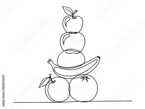 Continuous one line drawing of a stack of fresh fruits, healthy food vector