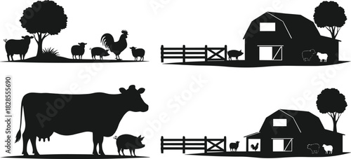 Set of four detailed black silhouette scenes illustrating various aspects of farm life, featuring barns, gates, 