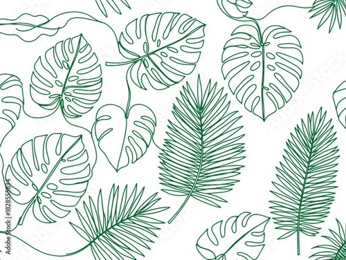 Seamless tropical leaves vector pattern illustration with green foliage on white background