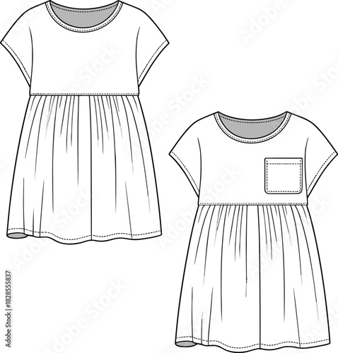 Baby girl short sleeve dress, gathered waist, pocket detail, flat sketch, fashion cad, vector illustration, front and back view