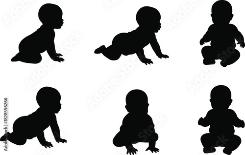 Set of six black baby and toddler silhouettes in various developmental poses, including sitting, crawling, and side profile views, symbolizing early childhood, growth, and innocence