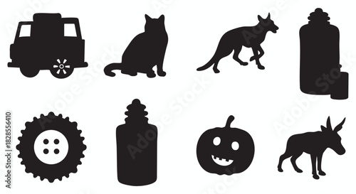 A diverse collection of black silhouettes featuring a van, cat, kangaroo, bottle, button, pumpkin, and donkey icons. Vector graphic elements isolated on a white background for various design projects.