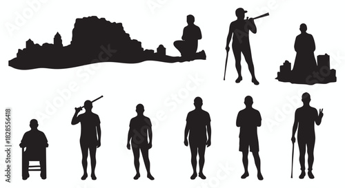 A diverse set of black silhouettes featuring people in various poses and a landscape outline. This collection includes figures standing, sitting, and holding objects, ideal for graphic design projects
