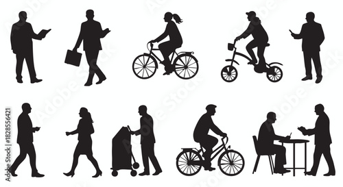 Silhouettes of People Engaging in Everyday Activities Walking, Biking, Working and Pushing Cart