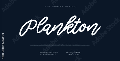 Modern display alphabet design with uppercase, lowercase, numbers and symbol