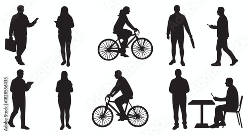 Collection of Silhouette Illustrations People with Different Activities Including Biking, Walking, and Using Devices