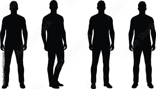 Set of four full-body black male silhouettes in casual clothing, standing in various frontal and side poses, ideal for representing anonymous people, scale, or business demographics