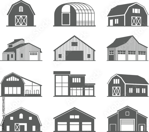 Barn icon set, farm building icons, agricultural structure silhouettes, barn house vector, rural architecture design, storage facility clipart, modern farm illustration