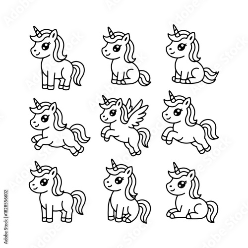 Different unicorn illustrations showing various poses and styles, perfect for children s art and creative projects
