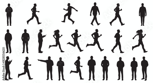 Silhouettes of people in various poses standing, walking, and running. Illustrative set of dynamic and static human figures for design and creative projects.