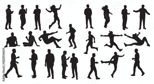 Versatile collection of people silhouettes showcasing a wide range of human figures in various dynamic poses and everyday activities like walking, running, and interacting.