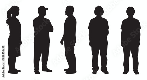 Varied collection of human silhouettes, showcasing diverse individuals standing. Essential graphic assets for visualizing demographics, population, and anonymous figures in contemporary design project