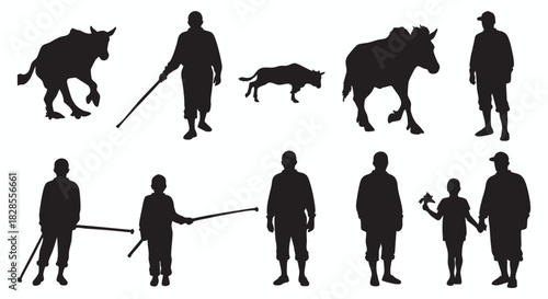 Vector art collection of human and animal silhouettes for design projects. Includes farmers, children, herders, and donkeys, isolated on a white background for easy use.