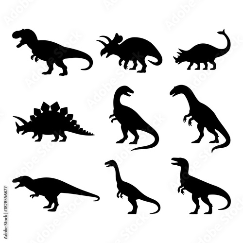 Dinosaurs in silhouette showcasing a variety of species including T-Rex, Triceratops, and more against a simple background
