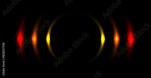 Black background with a concentric orange red pattern and copy space, symmetrical background with neon circles.