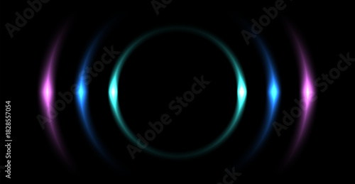 Black background with a concentric purple blue pattern and copy space, symmetrical background with neon circles.
