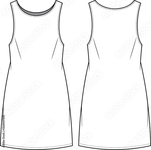 Basic sleeveless dress fashion flat sketch front and back view, simple shift dress outline, technical CAD vector template illustration