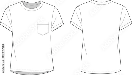 Basic round neck t-shirt front and back view, CAD flat sketch, technical fashion vector drawing for clothing design and pattern.