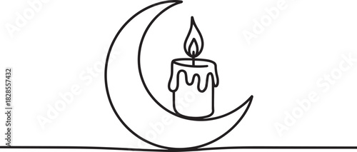 A minimalist black and white line drawing of a burning candle within a crescent moon shape.