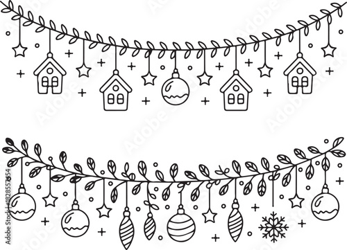 Set of Two Banners with Ornaments Garland on a Transparent Background with Stars Globes Houses and Decorations Vector Illustration