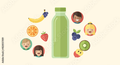 colorful fruit smoothie surrounded by cheerful cartoon children and fresh