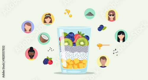 Visual representation of diverse individuals enjoying a nutritious layered