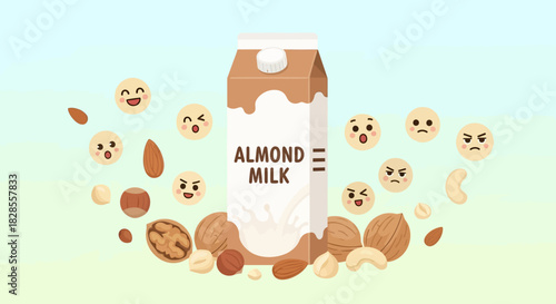 Delightful Cartoon Style Illustration of Almond Milk with Animated Nuts and