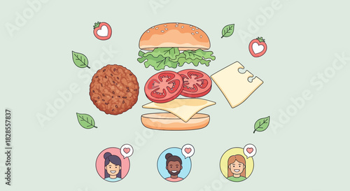 Whimsical Illustration of a Vegetarian Sandwich with Fresh Ingredients and