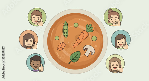 Delicious vegetable soup with fresh ingredients surrounded by happy diverse