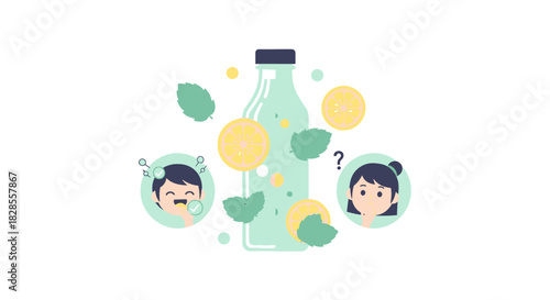 Illustration of a herbal syrup bottle surrounded by leaves with two cartoon