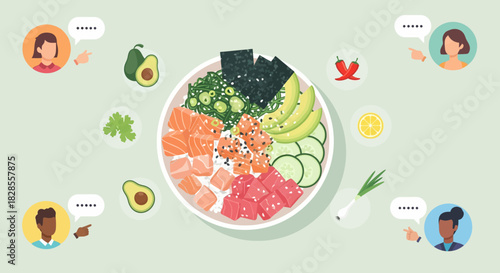 healthy dietary choices with fresh seafood vegetables and fruits in a balanced