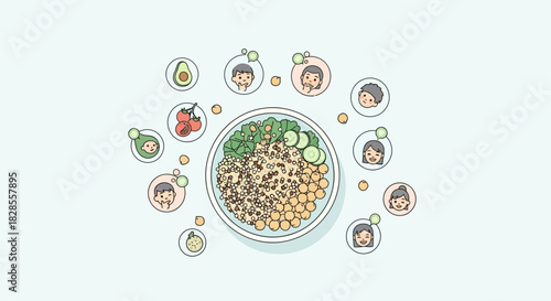 Illustration of a balanced nutritious breakfast bowl with various toppings and