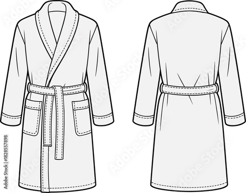 Bathrobe front and back flat sketch, cozy robe design vector, fashion technical drawing for loungewear and sleepwear garment illustration