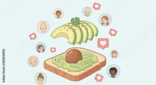 Creative digital illustration of healthy avocado toast with social media icons