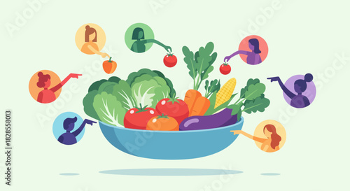 Colorful illustration of diverse people sharing garden-fresh organic