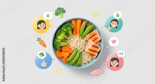 Healthy colorful vegetable and rice bowl with social media icons and