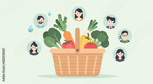 diverse group of people sharing healthy fresh vegetables in a basket