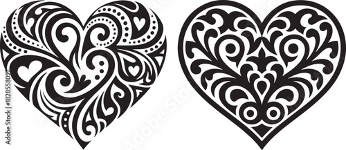 Ornamental Hearts Collection with Intricate Floral Scrolls and Swirls Decoration for Cards or Greetings Template Isolated on Transparency